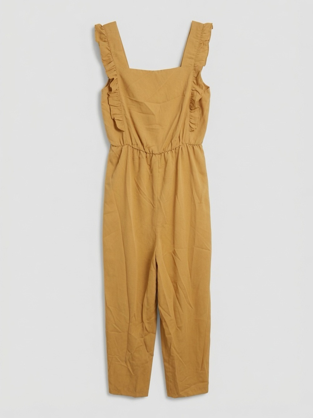 SukiSo Mustard Yellow Ruffle Strap Jumpsuit Size L NWT